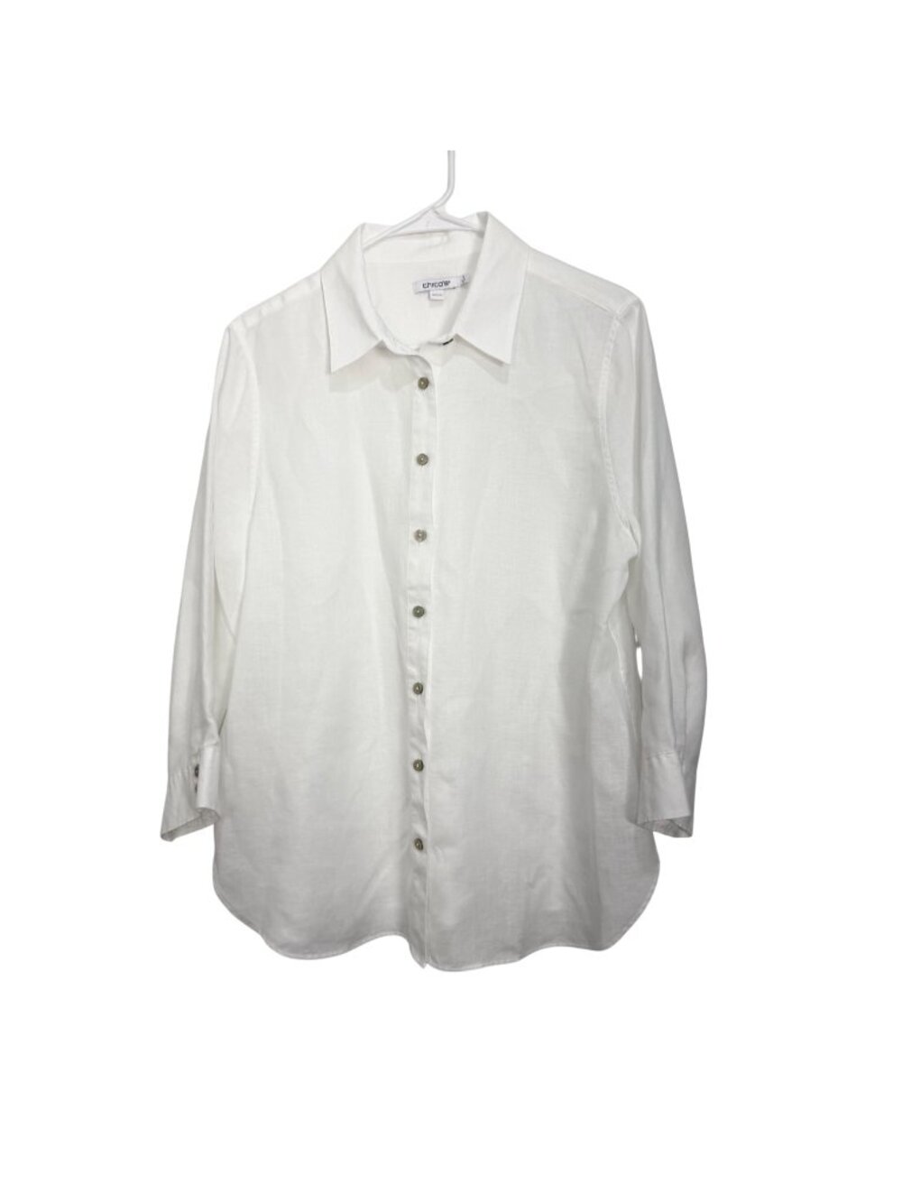 Chicos White Linen Button-Down Tunic Shirt Size 2 US 12  3/4 Sleeve Lightweight